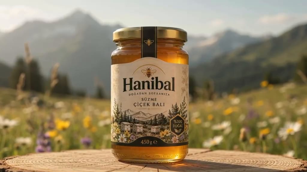 Hanibal Süzme Çiçek Balı kavanozu yayla çayırında kütük üzerinde